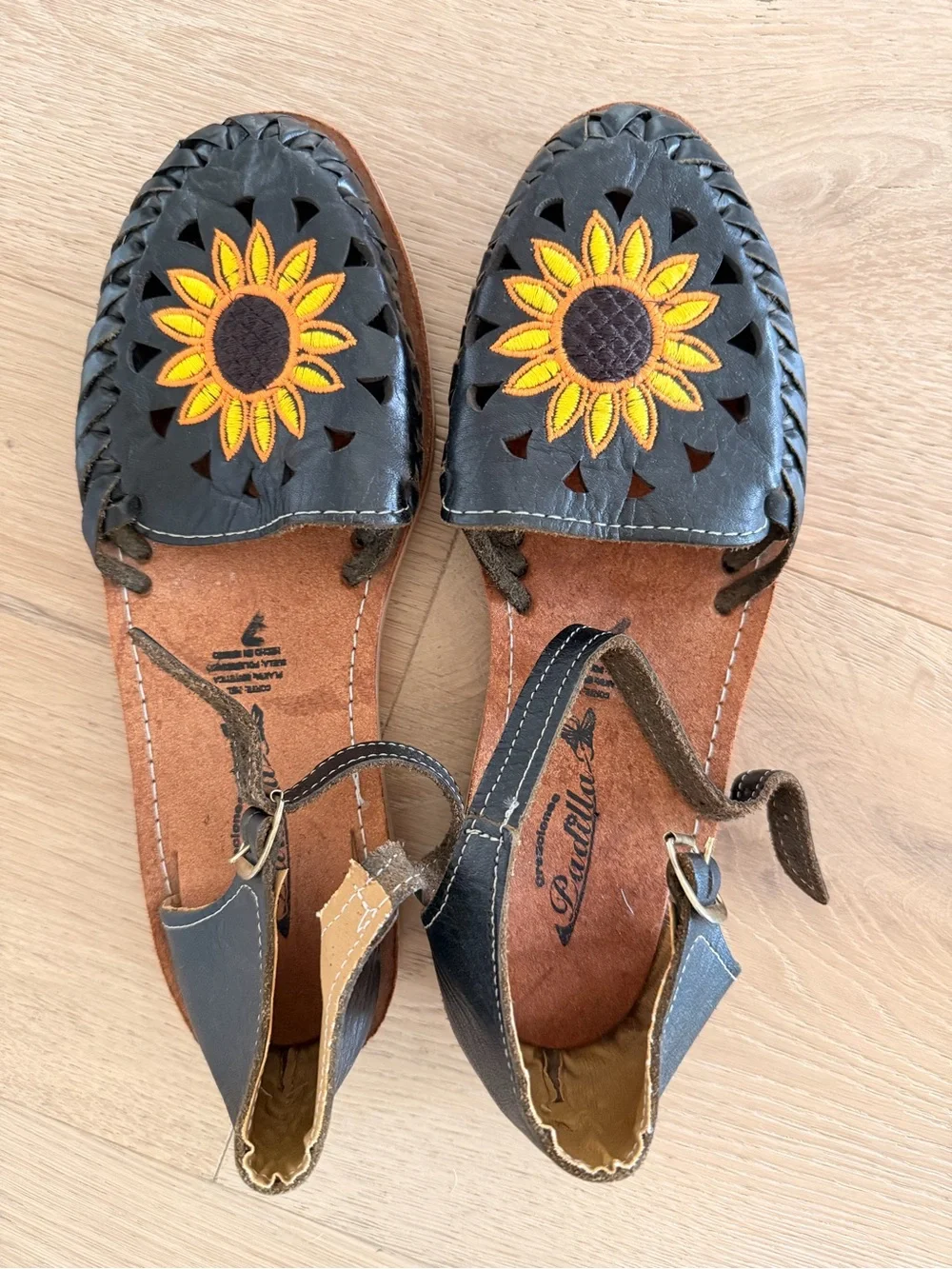 Sunflower Embroidered Black Leather Women’s Sandals